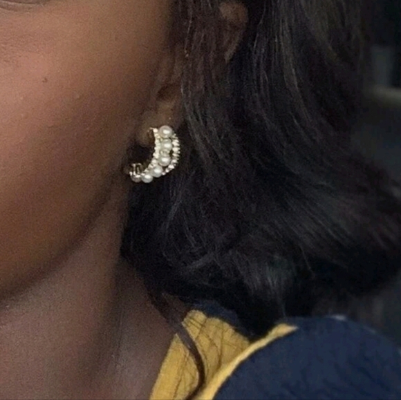 Gold Half Hoop Earrings Pearl Rhinestone Coquette Bridal Wedding Cocktail 💖 - Picture 9 of 16